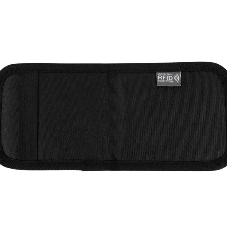 Black wallet with RFID label on a white background