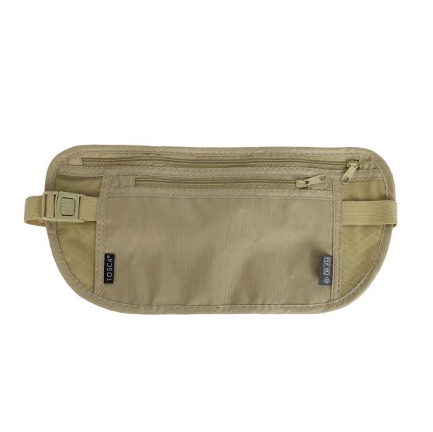 Khaki travel money belt with zippers on a white background