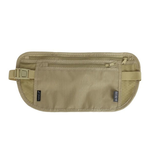 Khaki travel money belt with zippers on a white background