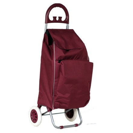 Maroon shopping cart with a cover on a white background