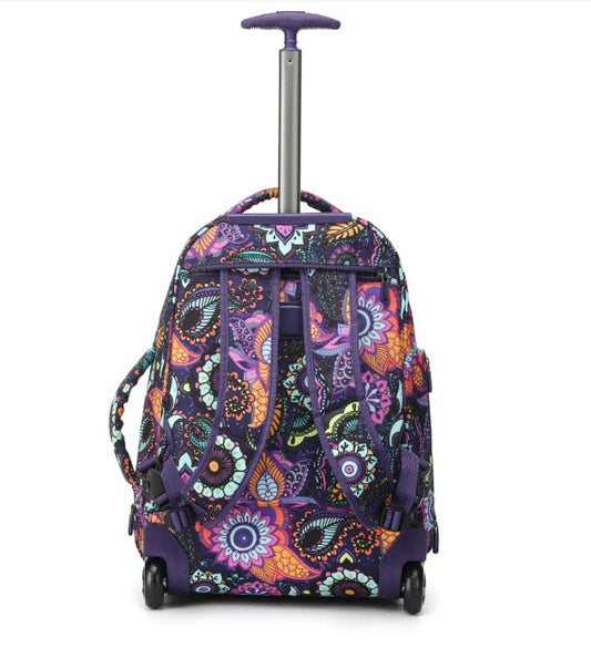 Colorful floral-patterned rolling backpack on a white background