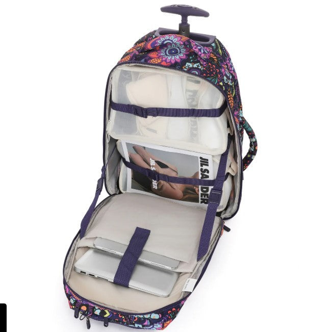 Colorful floral-patterned backpack with a clear front compartment on a white background