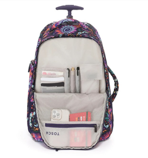 Floral-patterned rolling backpack with multiple pockets on a white background