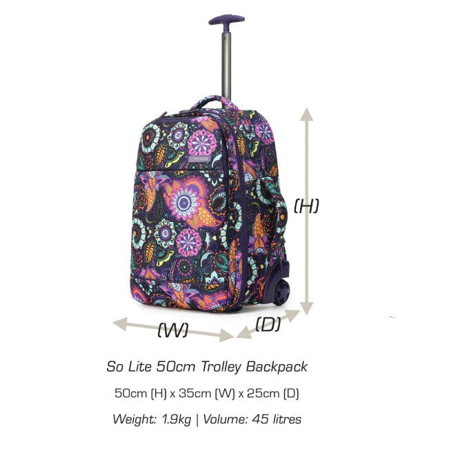 Colorful trolley backpack with dimensions and weight information on a white background