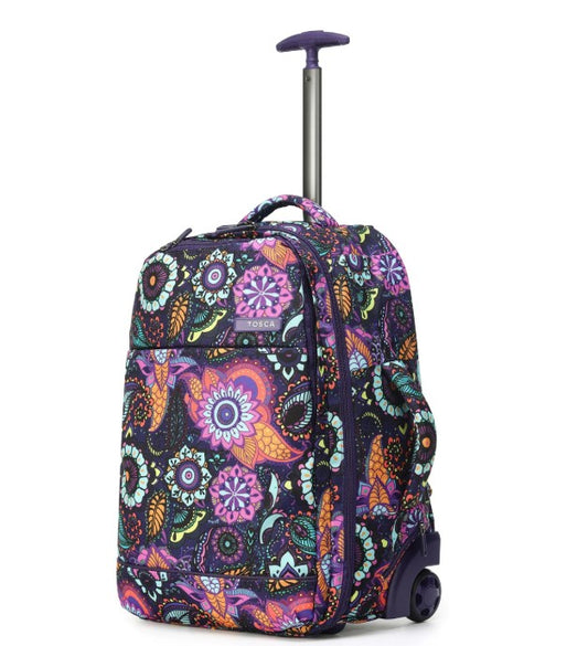 Colorful floral-patterned rolling backpack on a white background