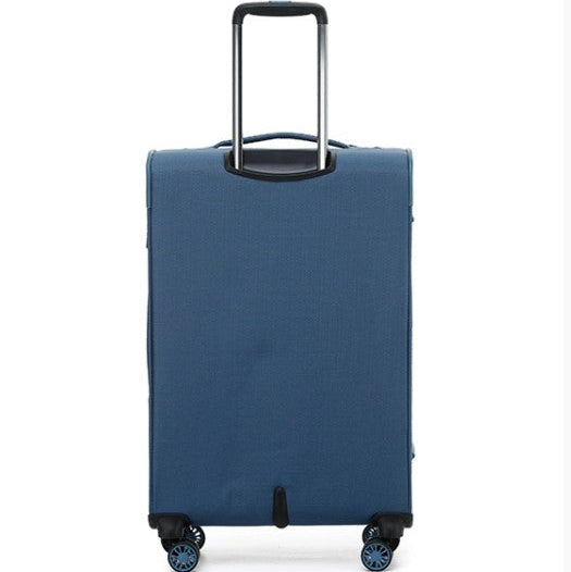 Blue suitcase with wheels on a white background