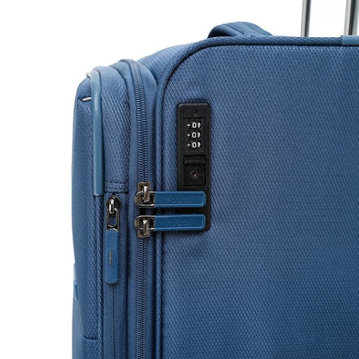 Close-up of a blue suitcase with a combination lock on a white background