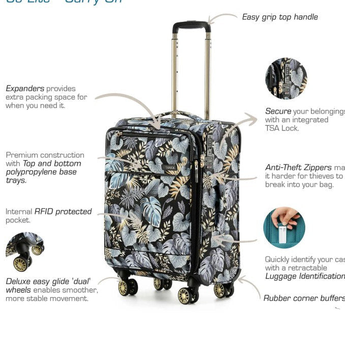 Floral-patterned suitcase with features highlighted on a white background
