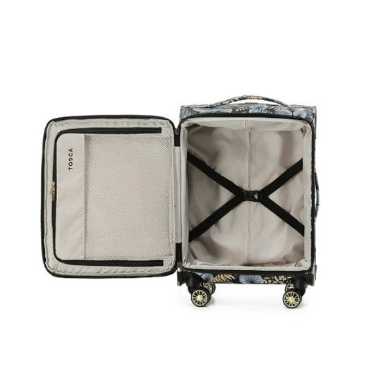 Open suitcase with floral pattern on a white background