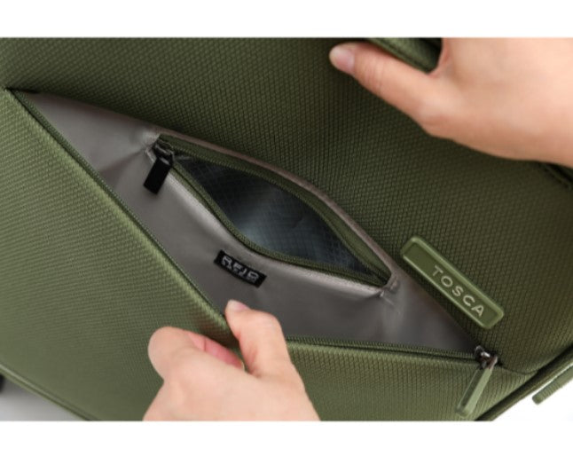 Green bag with a zipper being opened, showing the brand 'Tosca'.