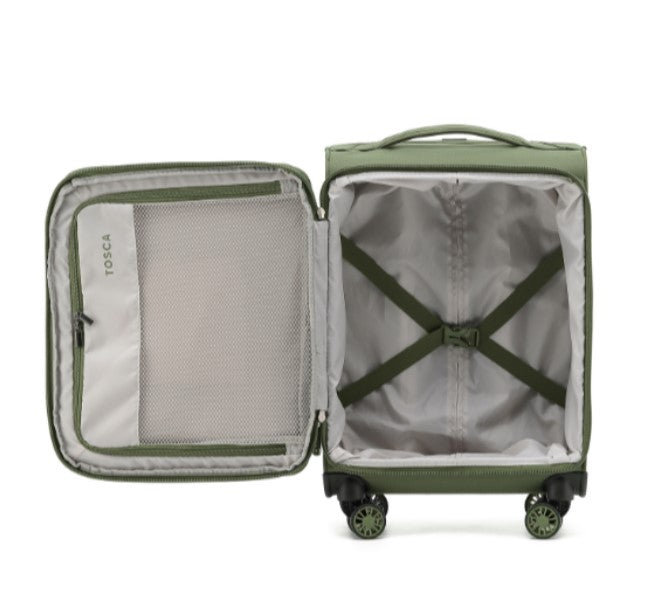 Green suitcase with open lid on a white background