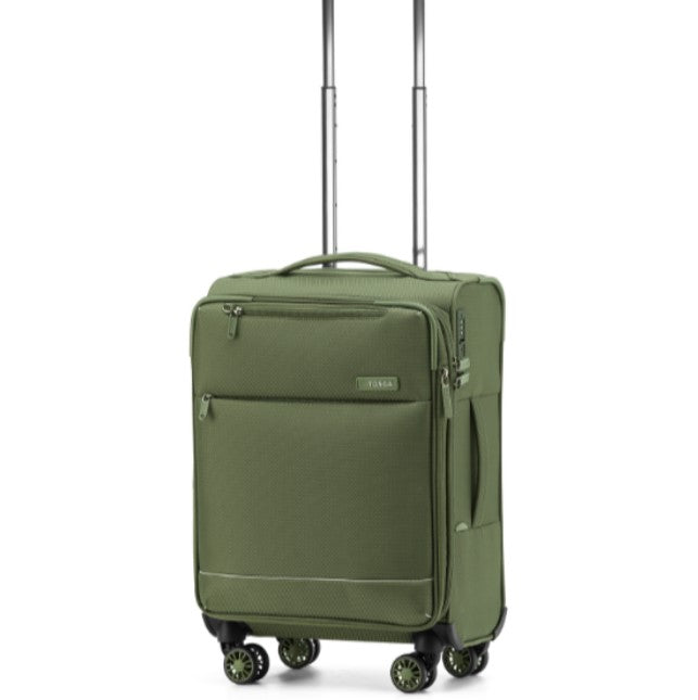 Green suitcase with wheels and handle on a white background