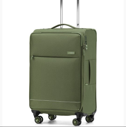 Green suitcase with wheels on a white background
