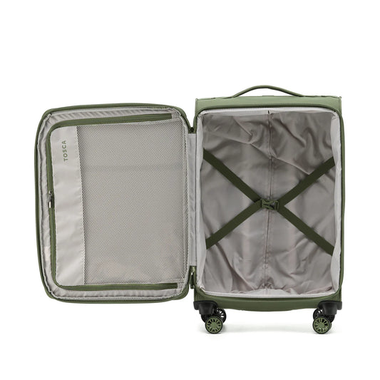 Green suitcase with open lid on a white background