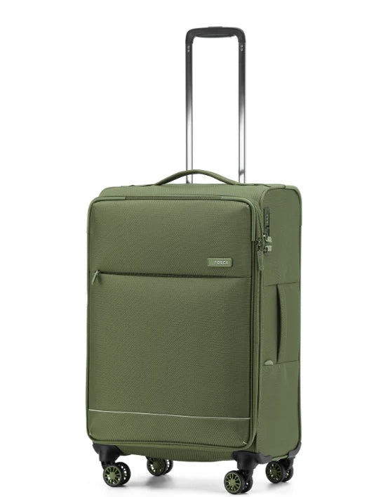 Green suitcase with wheels on a white background