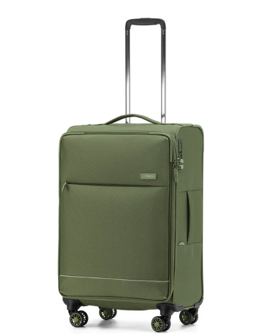 Green suitcase with wheels on a white background