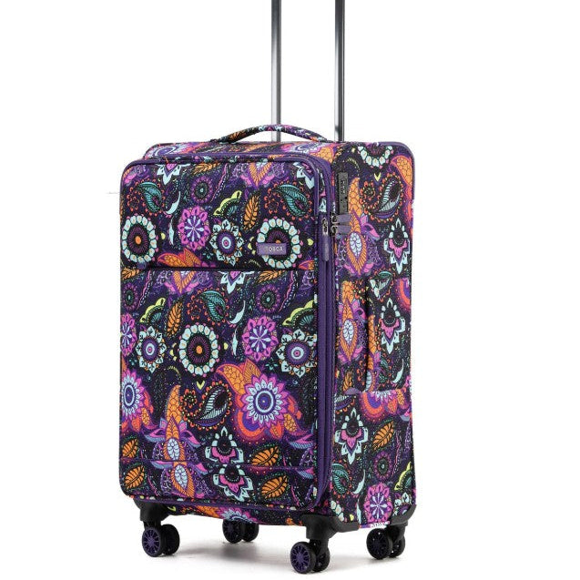 Colorful floral-patterned suitcase on a white background