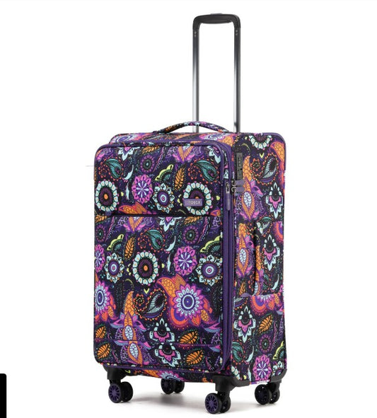 Colorful patterned suitcase on a white background