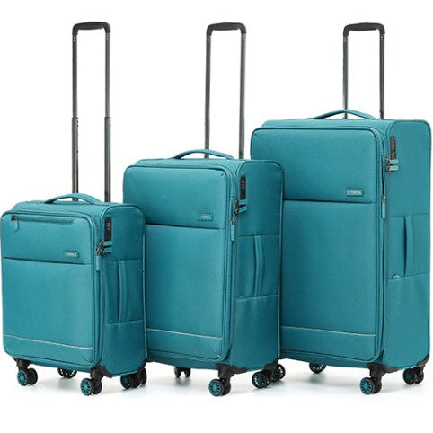 Three teal suitcases of different sizes on a white background