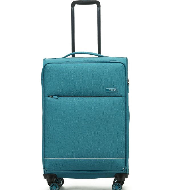Teal suitcase with wheels and handle on a white background