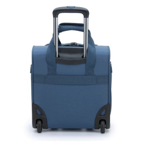 Blue suitcase with wheels and handle on a white background