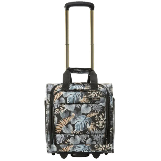 Floral-patterned suitcase with a handle on a white background