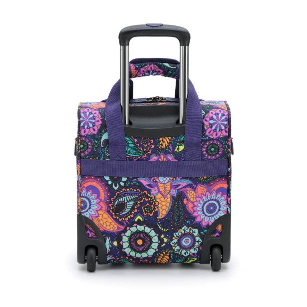 Colorful patterned suitcase with a purple handle on a white background