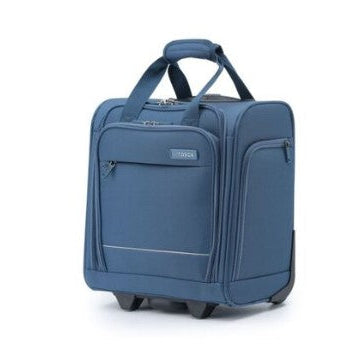 Blue suitcase with wheels on a white background
