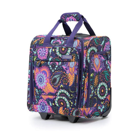 Colorful patterned suitcase with purple handle on a white background