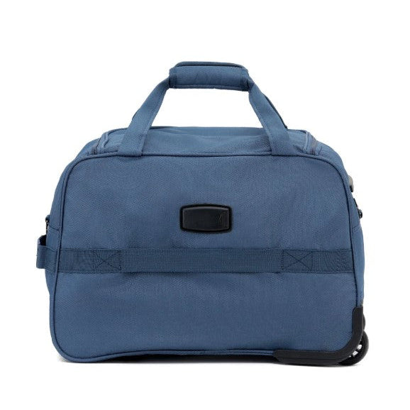 Blue duffel bag with a handle on a white background