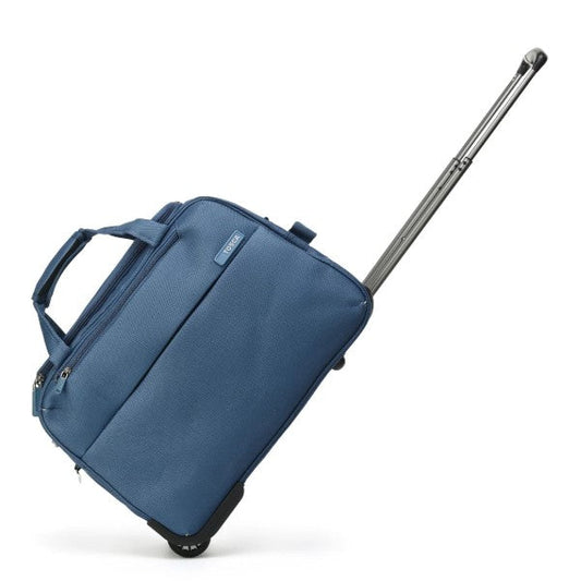 Blue suitcase with a handle and wheels on a white background