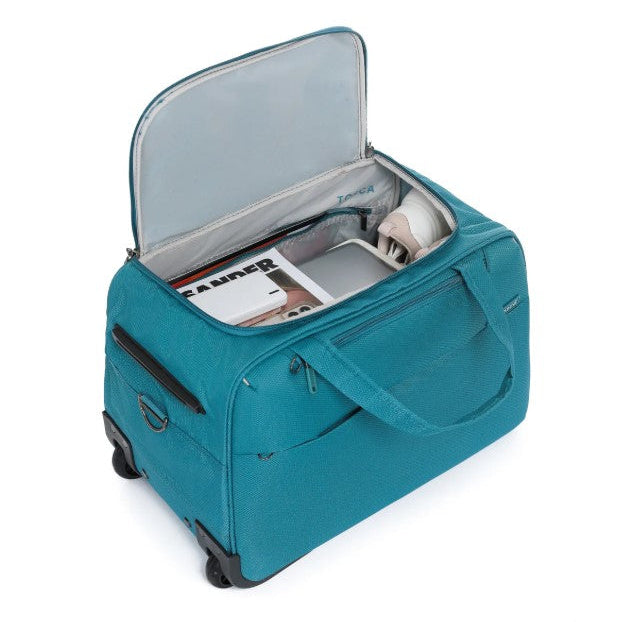 Teal suitcase with open lid on a white background
