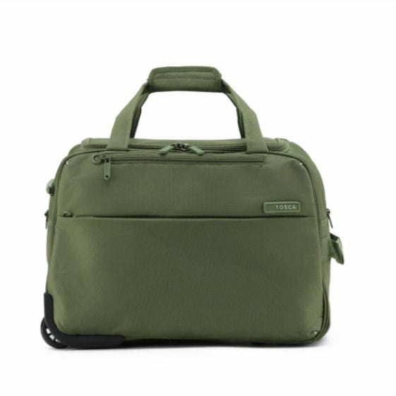 Green travel bag with a visible brand logo on a white background