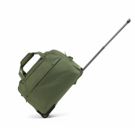 Green rolling suitcase on a white background