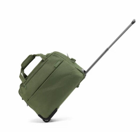 Green rolling suitcase on a white background