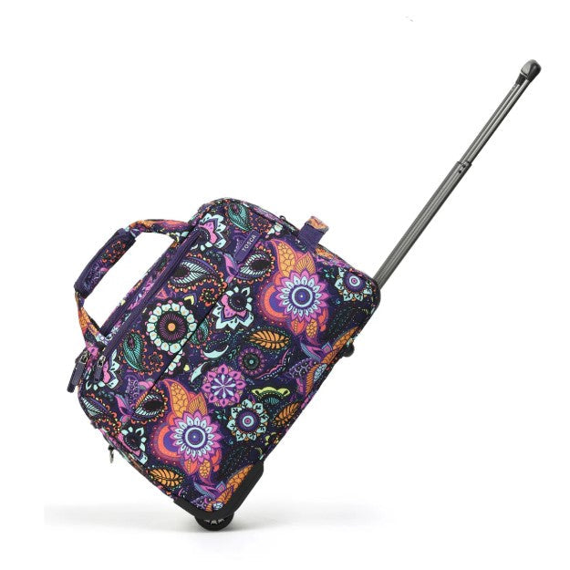 Colorful floral-patterned rolling suitcase on a white background