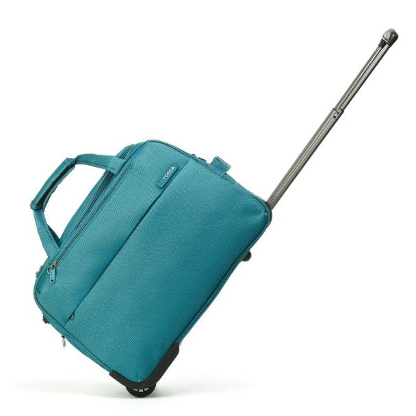 Teal suitcase with a handle on a white background
