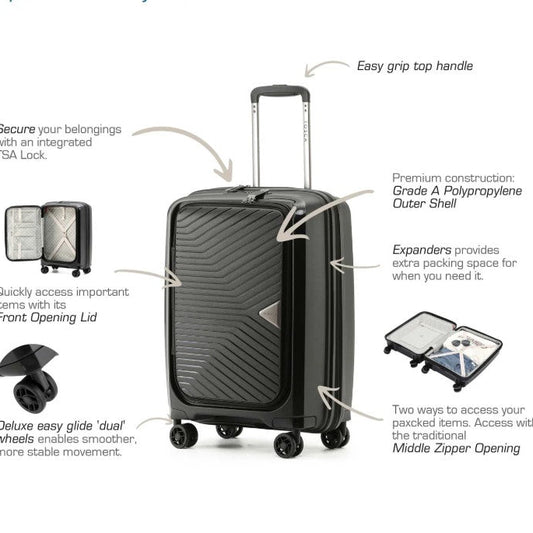Black suitcase with features highlighted on a white background