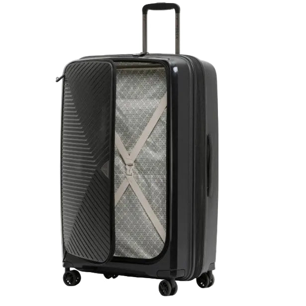 Black suitcase with a textured pattern on a white background