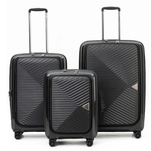 Set of three black suitcases with geometric design on a white background