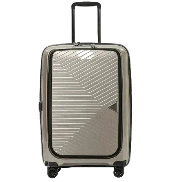 Silver suitcase with a geometric design on a white background