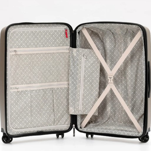 Open suitcase with interior view on a white background
