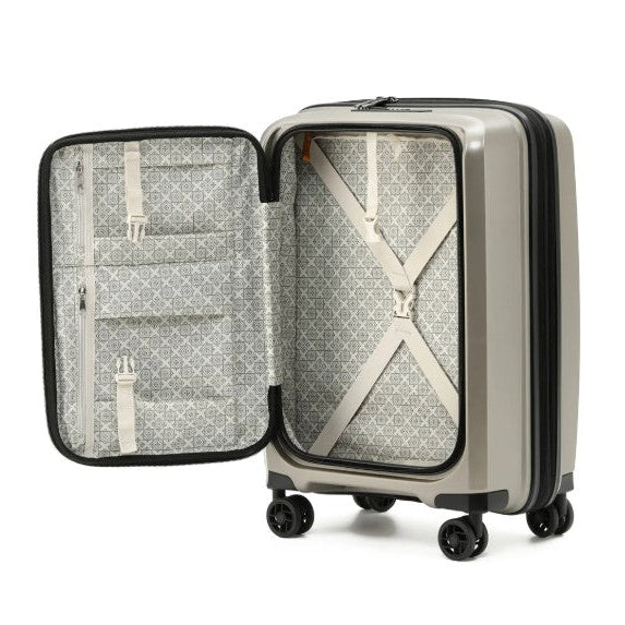 Open suitcase with patterned interior on a white background