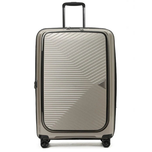 Gray suitcase with a textured surface on a white background