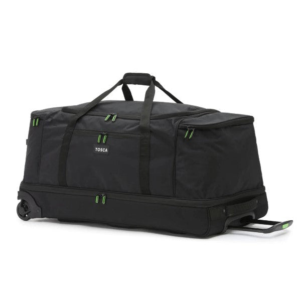 Black rolling duffel bag with green zippers on a white background