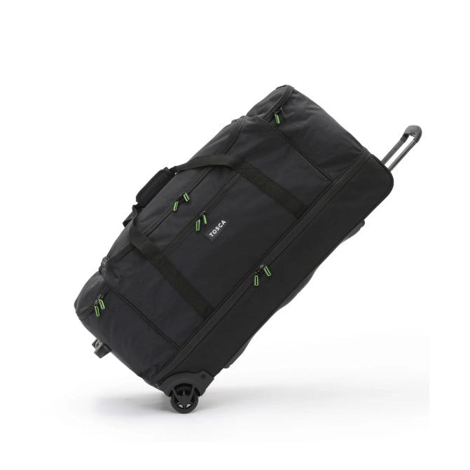Black rolling suitcase on a white background