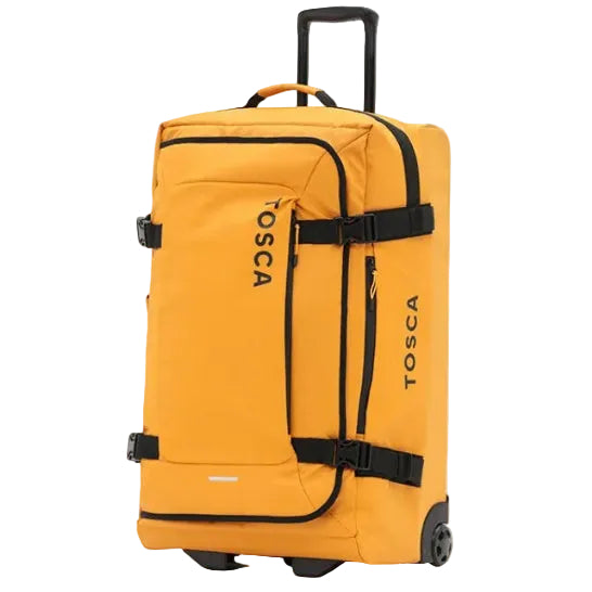 Yellow rolling suitcase with black accents and 'Tosca' branding on a white background