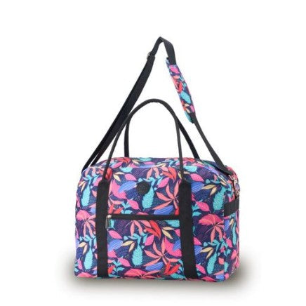 Colorful floral-patterned duffel bag with black straps on a white background