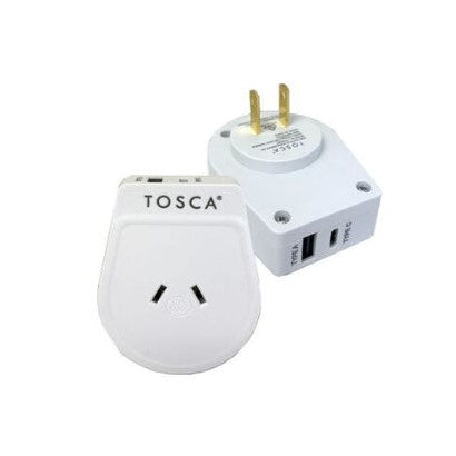 Two white travel adapters with USB ports on a white background, branded 'Tosca'.
