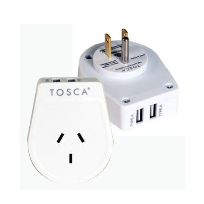White plug adapter with multiple sockets and USB ports on a white background, featuring the brand 'Tosca'.